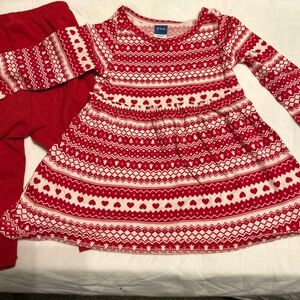 Old Navy Fair Isle Print Casual Christmas Dress Baby Girl W/Red Pants Set 6-12M